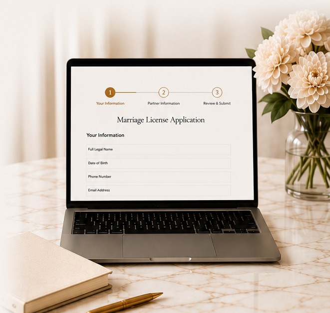 A laptop on a marble desk displaying the online Marriage License Application form, beside a vase of soft blush flowers