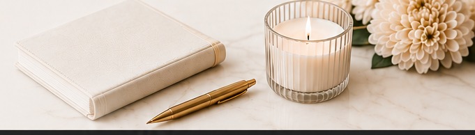 An ivory linen book, a lit ribbed candle, and soft blush flowers styled on a marble surface