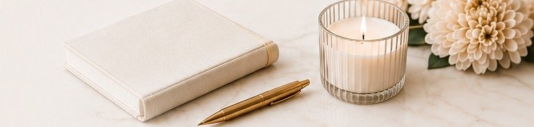 An ivory linen book, a lit ribbed candle, and soft blush flowers styled on a marble surface