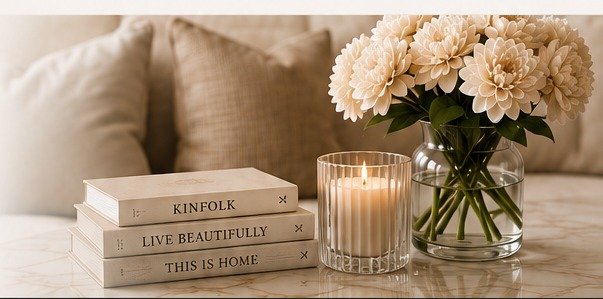 A stack of styled books, a lit candle, and soft flowers on a coffee table in a warm, comfortable living room