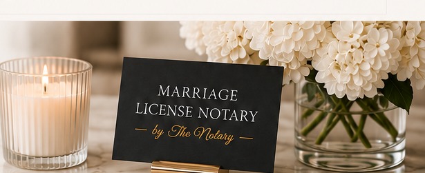 A lit ribbed candle, a black Marriage License Notary card, and white flowers arranged on a marble surface