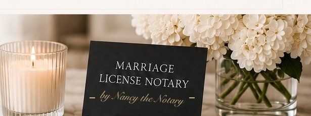 A lit ribbed candle, a black Marriage License Notary card, and white flowers arranged on a marble surface