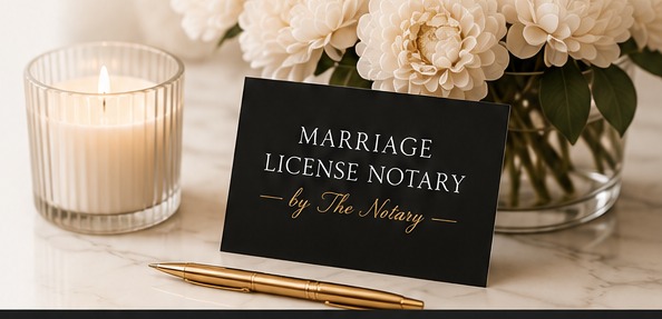 A lit ribbed candle, a black Marriage License Notary place card, and white flowers on a marble surface