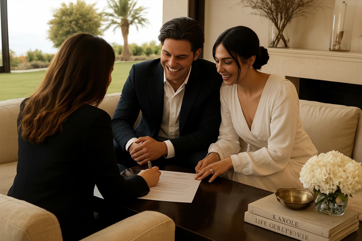 Nancy the Notary meeting with a couple at a table, reviewing confidential marriage license paperwork in a luxurious home setting with palm trees and flowers in the background