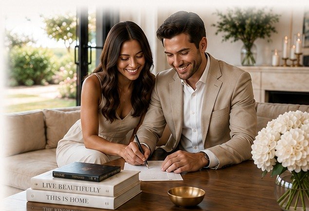 A couple smiling together as they review their marriage license paperwork on a sofa in a bright, elegant room
