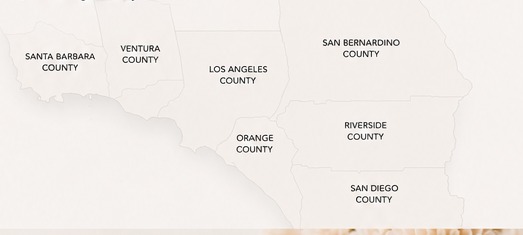 Map of Southern California highlighting the counties served: Santa Barbara, Ventura, Los Angeles, Orange, San Bernardino, Riverside, and San Diego